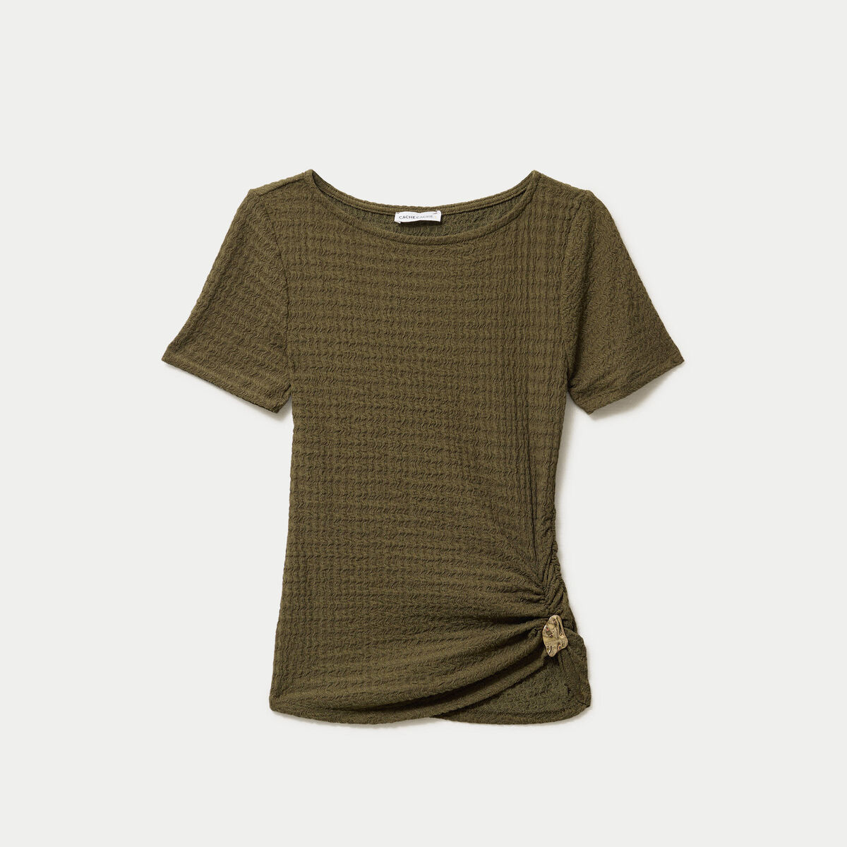 T-shirt col rond manches courtes bijou vert kaki femme