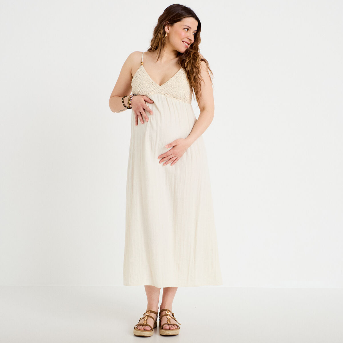 Robe bi-mati&egrave;re col v bretelles fines ecru femme