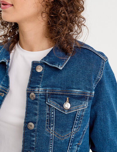 Veste En Jean Pour Femme Délavée - Col Classique, 4 Poches, Coupe Courte - 75% Coton, 25% Polyester