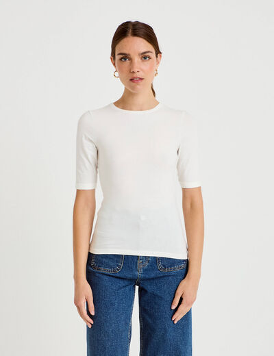 T-shirt ajust&eacute; col rond manches courtes ecru femme