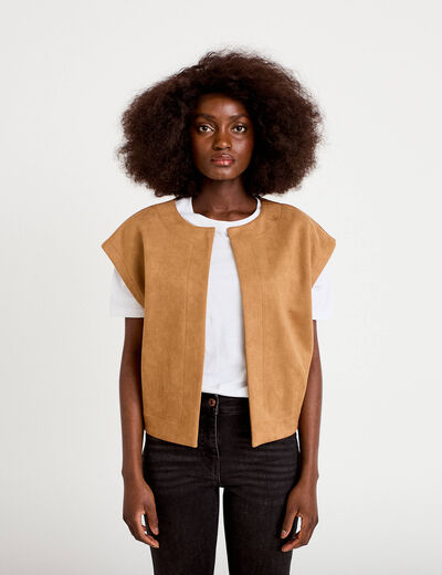 Veste sans manches col rond marron fonc&eacute; femme