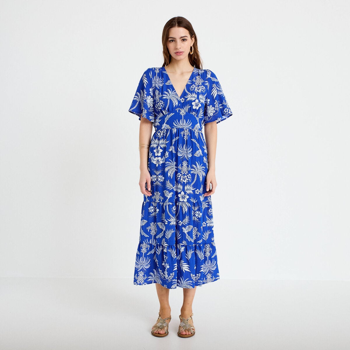 Robe &eacute;vas&eacute;e col v bleu roi femme