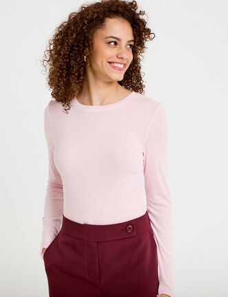 T-shirt ajust&eacute; col rond manches longues rose clair femme