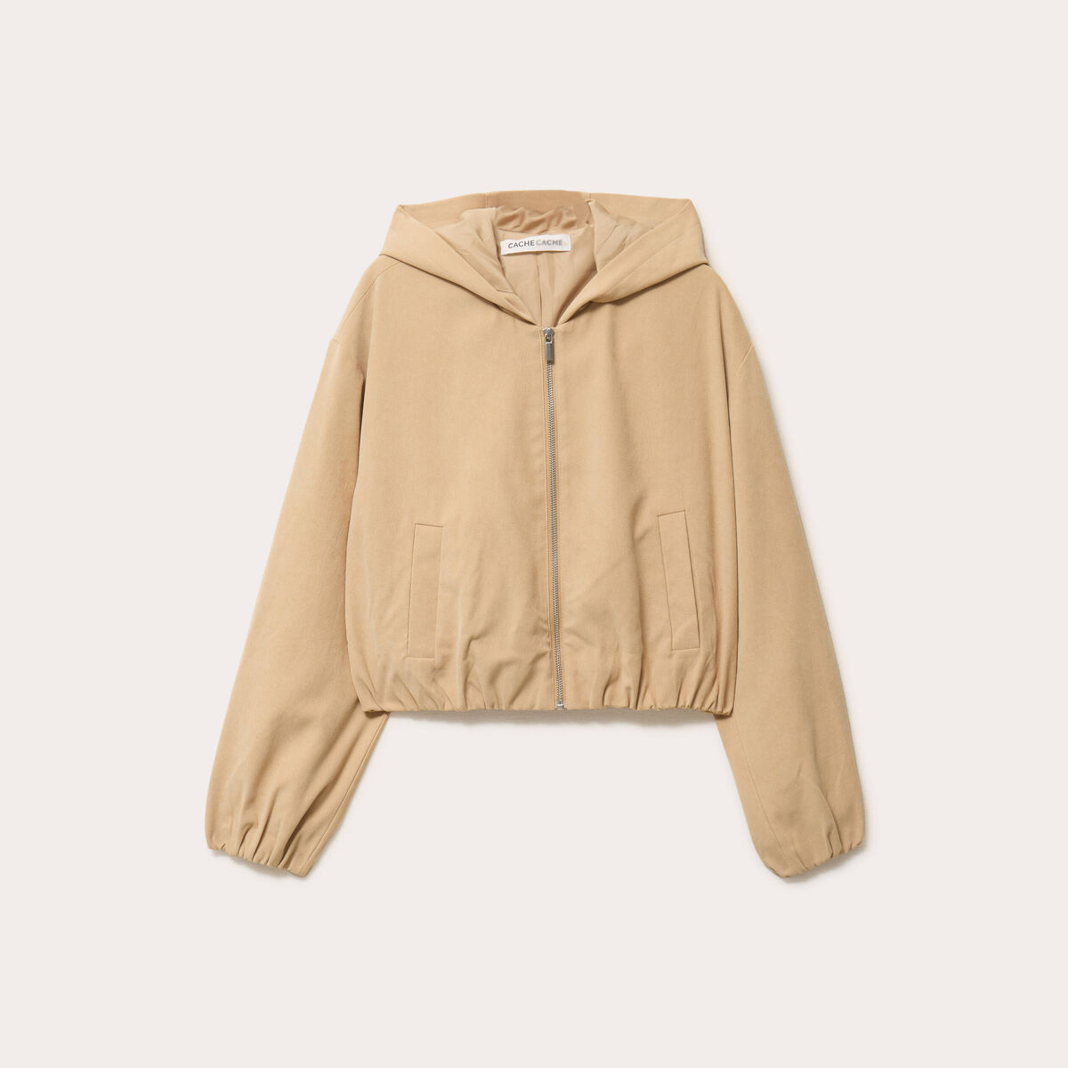 Veste cropped &agrave; capuche manches longues beige femme