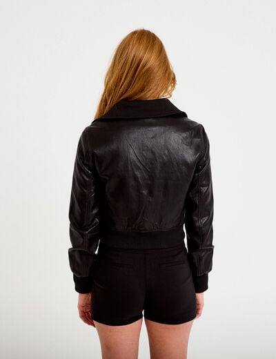 Bomber ajust&eacute; cropped similicuir noir femme