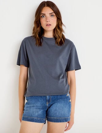 T-shirt col rond manches courtes gris femme
