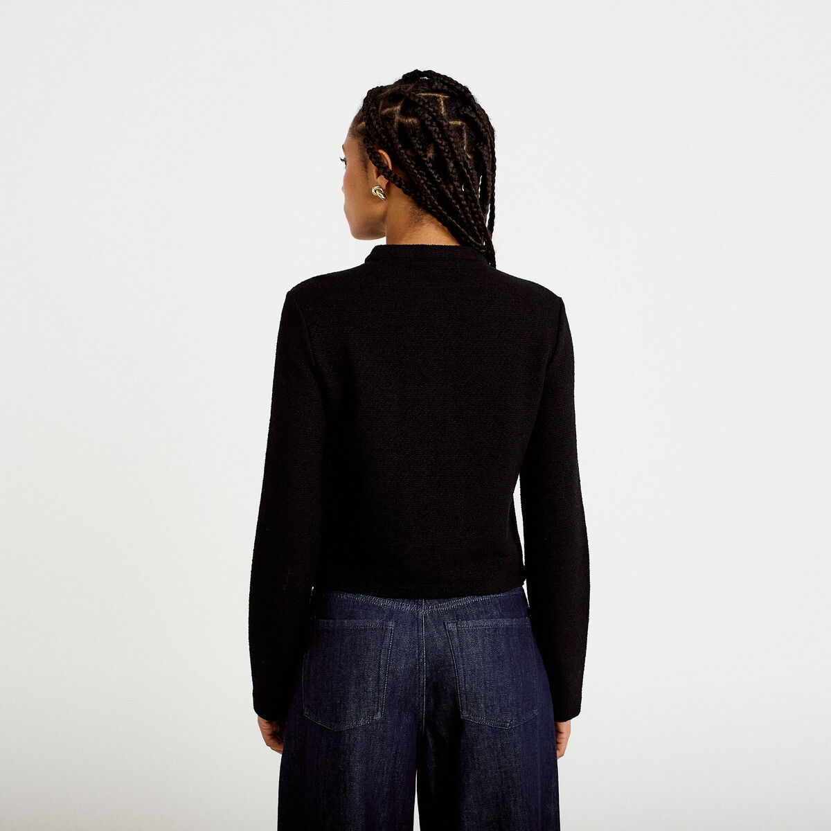 Veste tweed droite cropped col rond noir femme