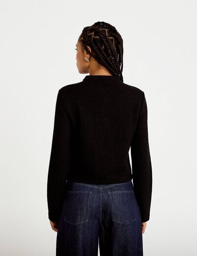 Veste tweed droite cropped col rond noir femme