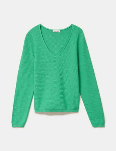 Pull col v manches longues vert femme