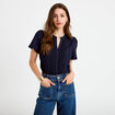 Blouse plastron brod&eacute; manches courtes bleu marine femme