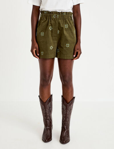 Short taille haute en velours brod&eacute; vert kaki femme