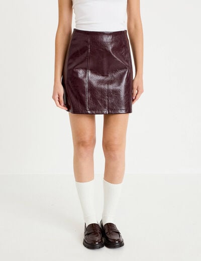 Jupe droite courte en similicuir violet fonc&eacute; femme