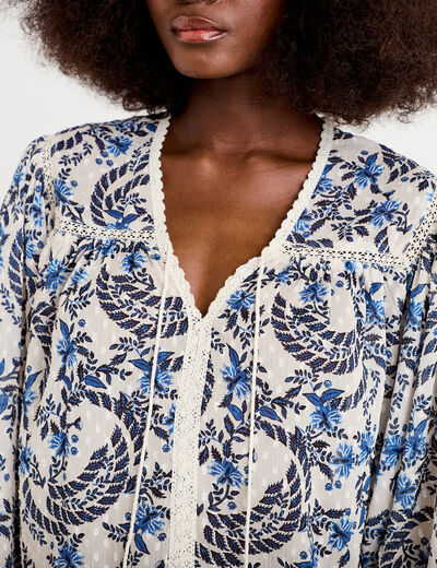 Blouse ample col v manches longues blanc femme
