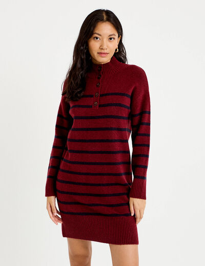 Robe pull droite manches longues 3/4 rouge fonc&eacute; femme