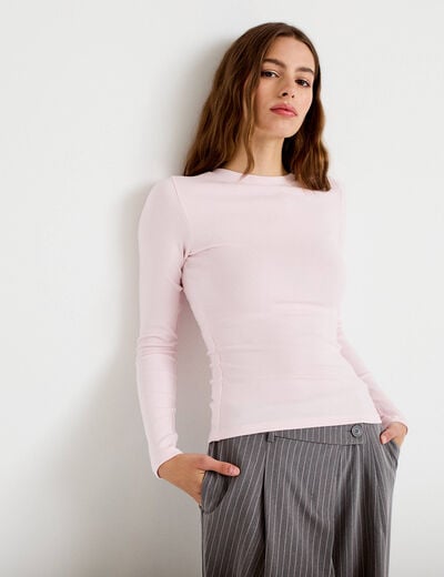 T-shirt cintr&eacute; col rond manches longues rose clair femme