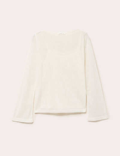 Top transparent col rond manches longues ecru femme
