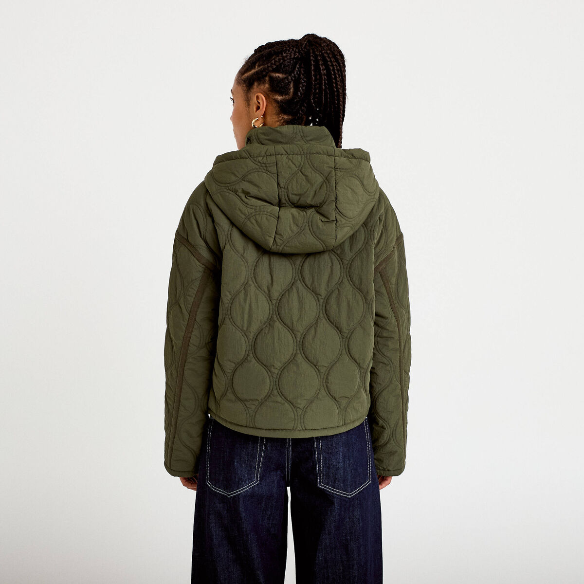 Veste droite &agrave; capuche manches longues vert kaki femme
