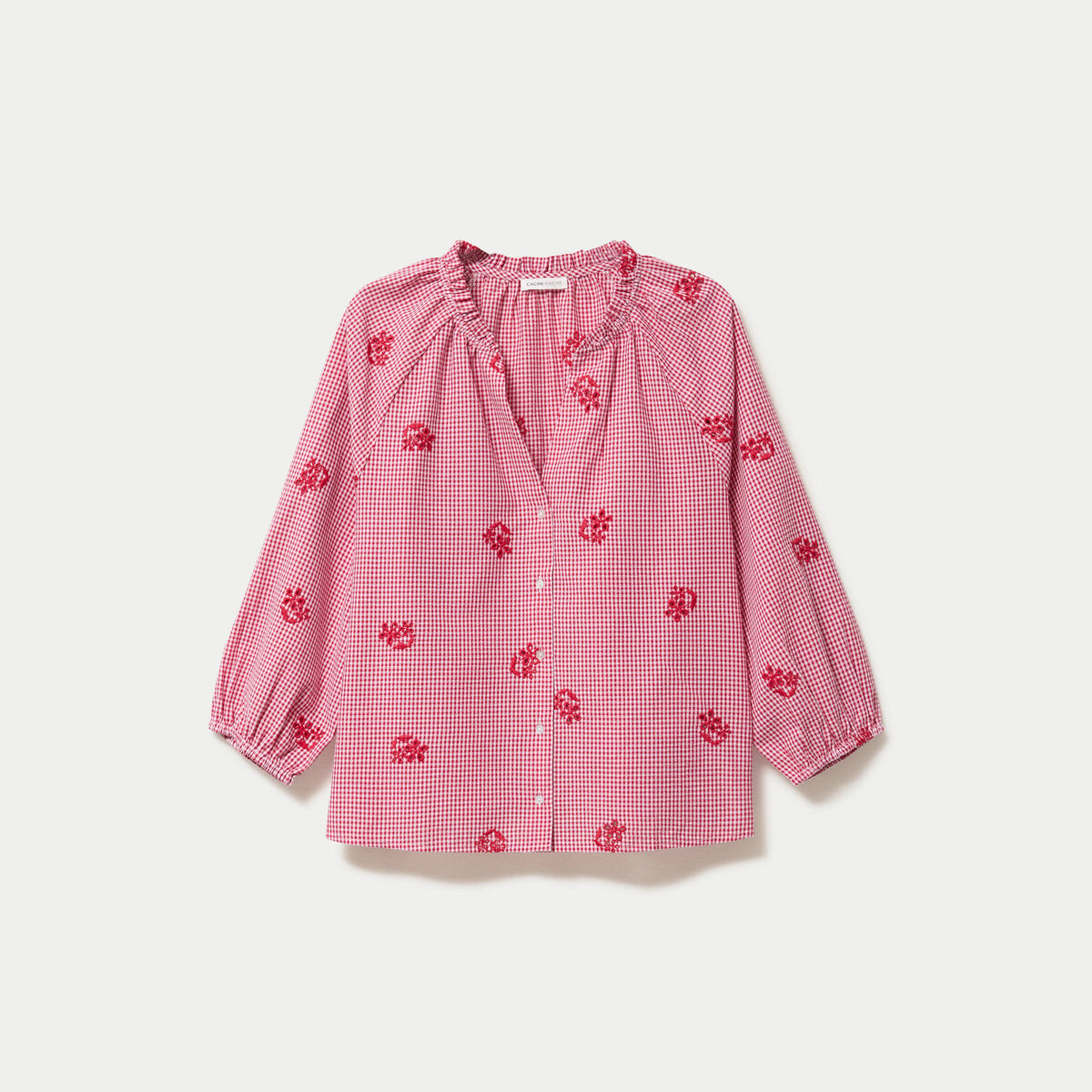Blouse col v manches 3/4 broderie rouge femme
