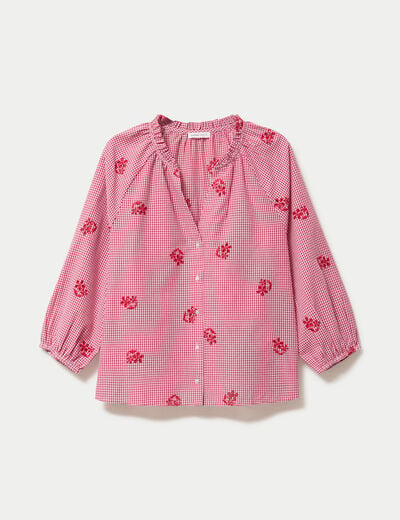 Blouse col v manches 3/4 broderie rouge femme