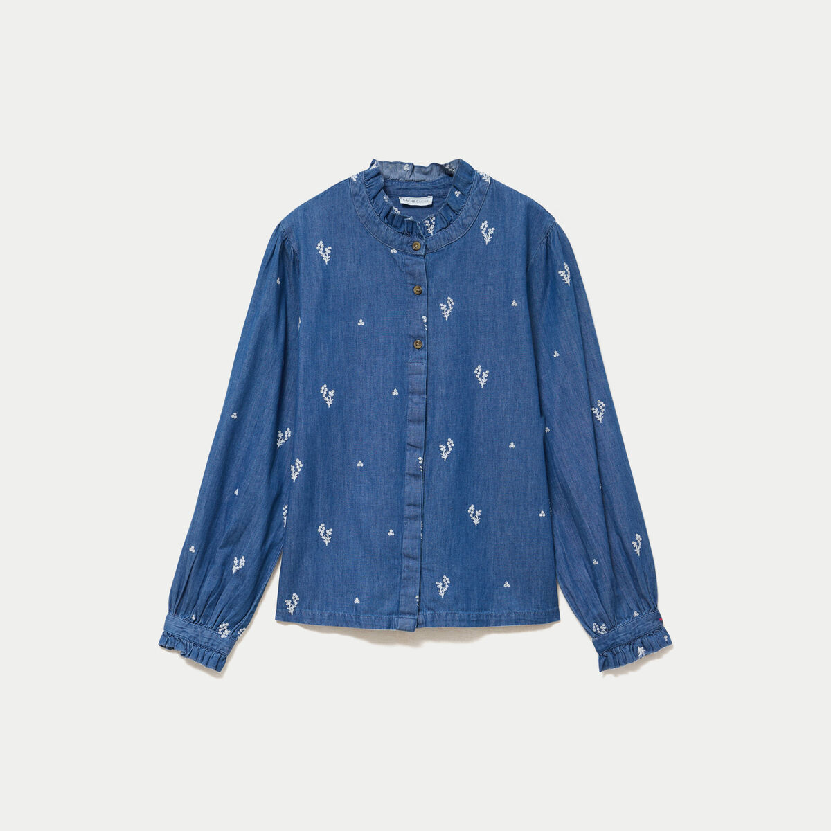 Chemise droite en jean col montant blanc femme