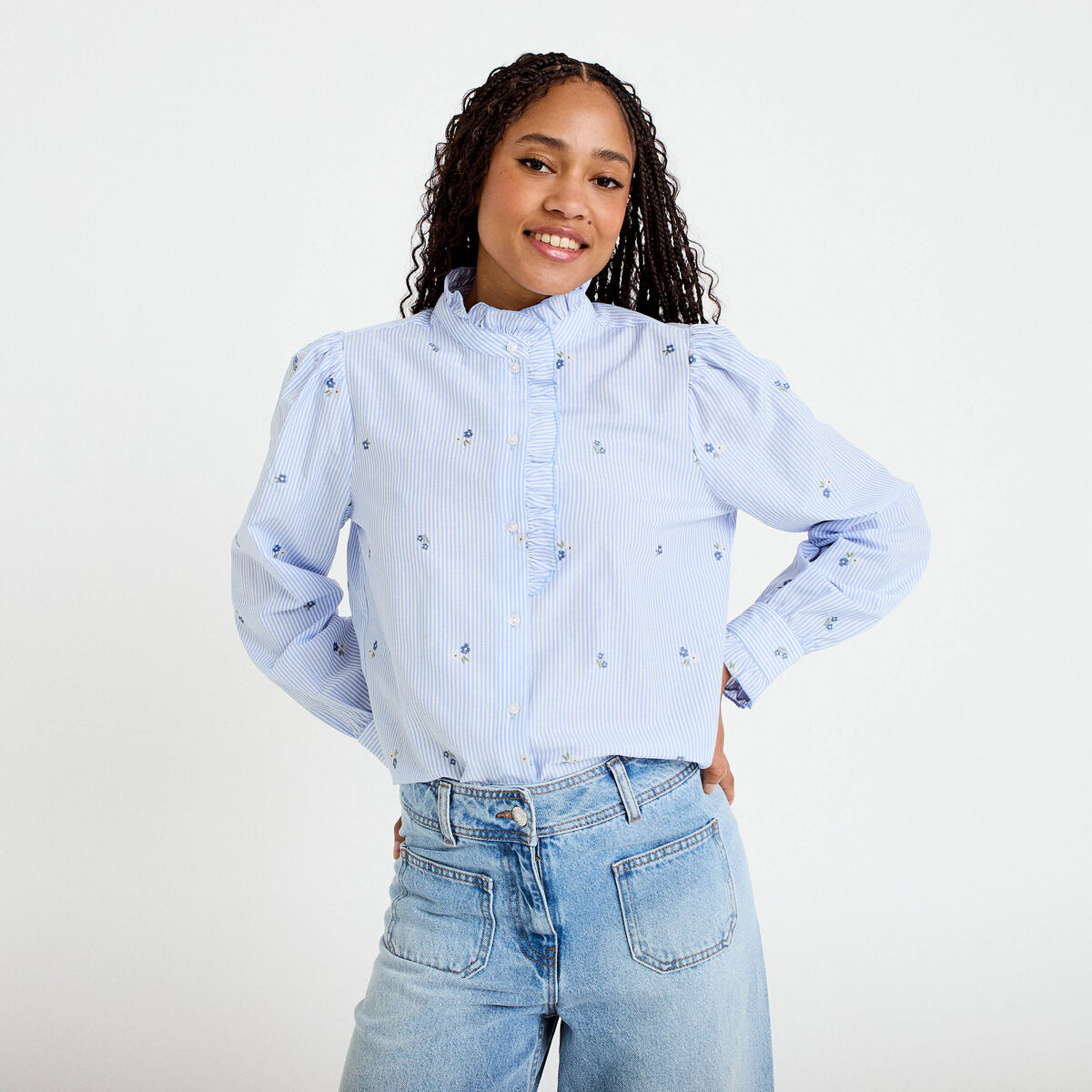 Chemise droite manches longues bleu ciel femme