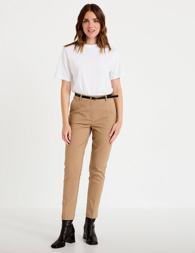 Pantalon cigarette ceintur&eacute; beige femme