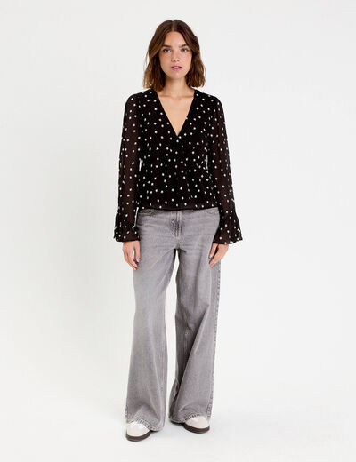 Blouse brod&eacute;e volant&eacute;e noir femme