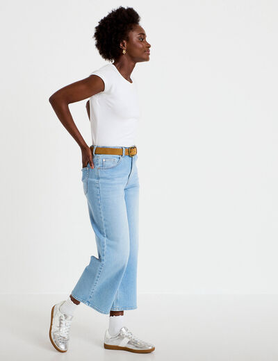 Jean wide leg taille haute ceinture denim triple stone femme