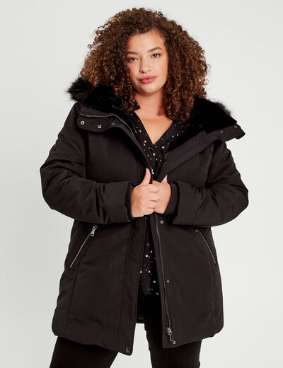 Parka &agrave; capuche fausse fourrure noir femme