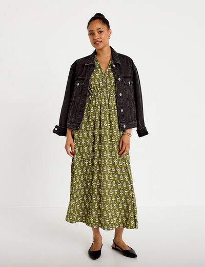 Robe longue manches courtes vert femme
