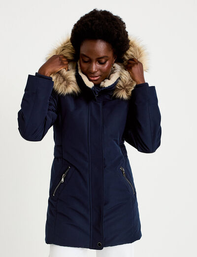 Parka &agrave; capuche fausse fourrure bleu marine femme