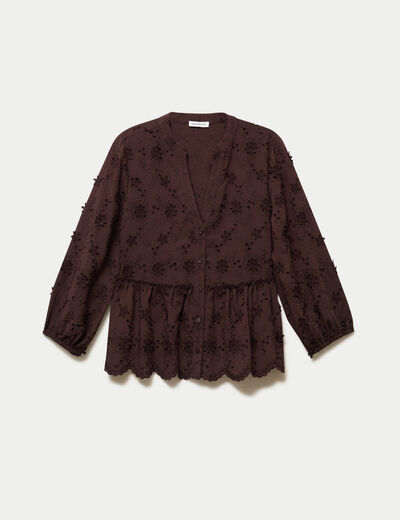 Blouse &agrave; motif en relief marron fonc&eacute; femme