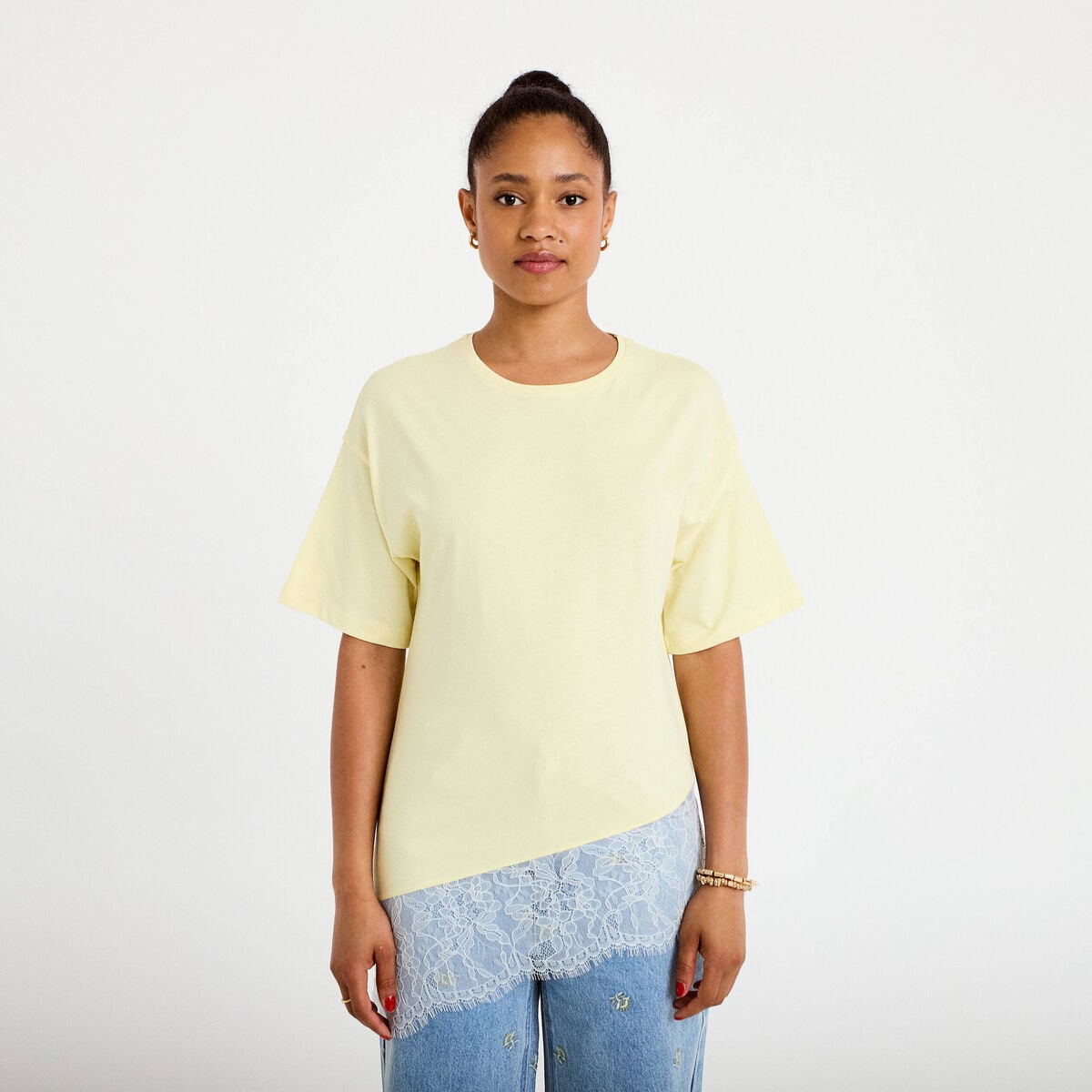 T-shirt oversize longue dentelle jaune clair femme