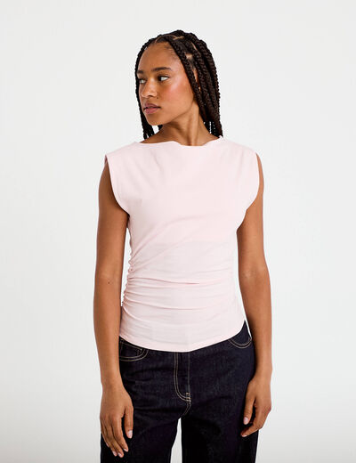 T-shirt ajust&eacute; col bateau sans manches rose clair femme
