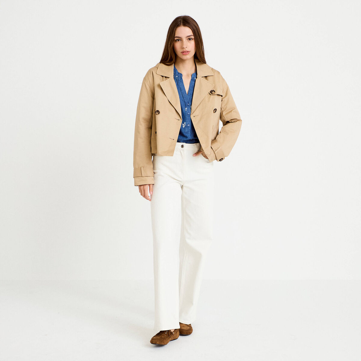 Trench droit court &agrave; capuche amovible beige femme