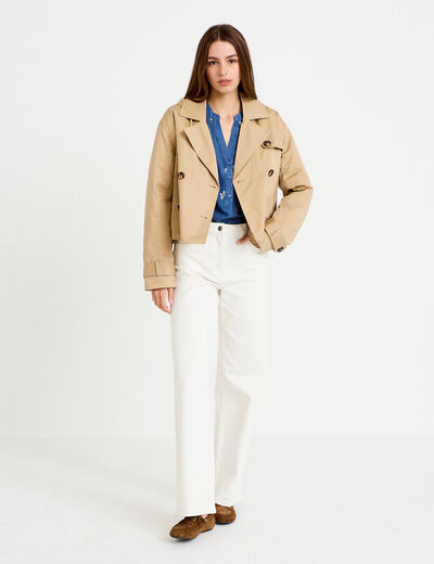 Trench droit court &agrave; capuche amovible beige femme