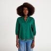 Blouse broderie col v manches 3/4 vert fonc&eacute; femme