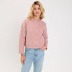 Gilet bouclette col rond manches longues rose poudr&eacute;e femme