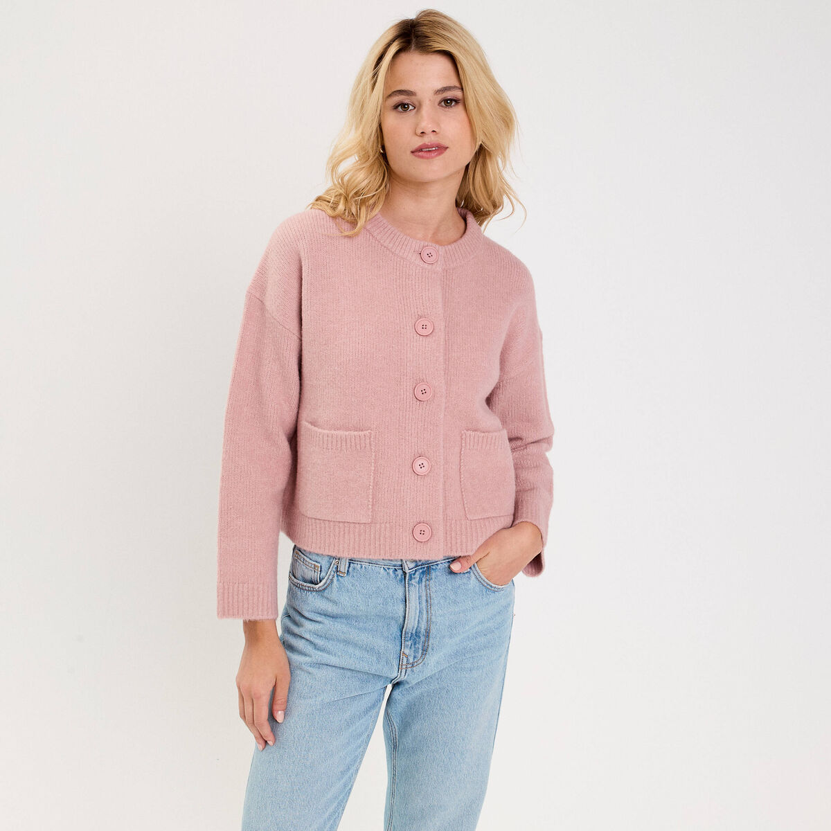 Gilet bouclette col rond manches longues rose poudr&eacute;e femme