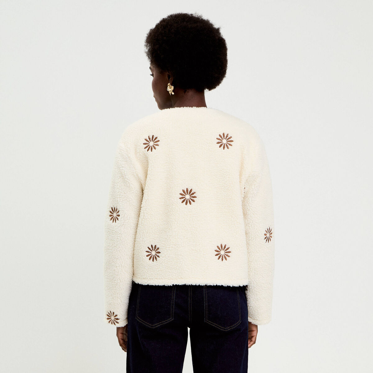 Gilet brod&eacute; effet polaire blanc femme