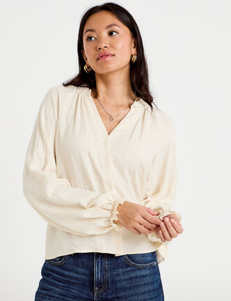 Blouse ample pliss&eacute;e manches longues ecru femme