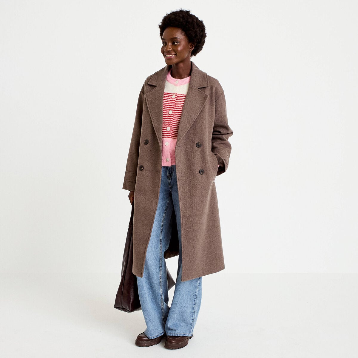Manteau oversize manches longues taupe femme