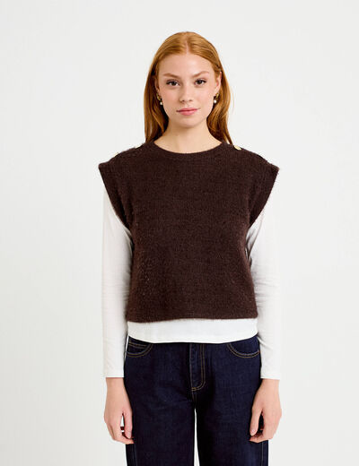Pull 2-en-1 manches longues col rond marron fonc&eacute; femme