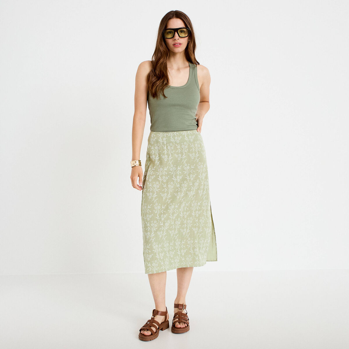 Jupe &eacute;vas&eacute;e longueur 3/4 vert femme