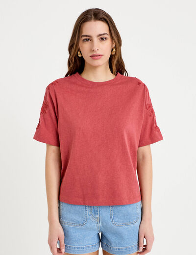 T-shirt col rond manches courtes brod&eacute; vieux rose femme
