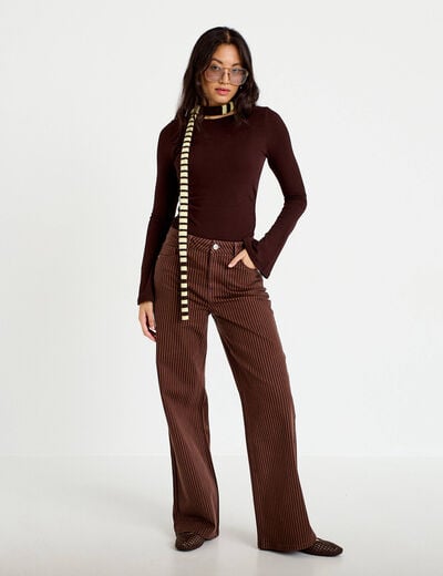 Jean wide leg ray&eacute; taille haute marron femme