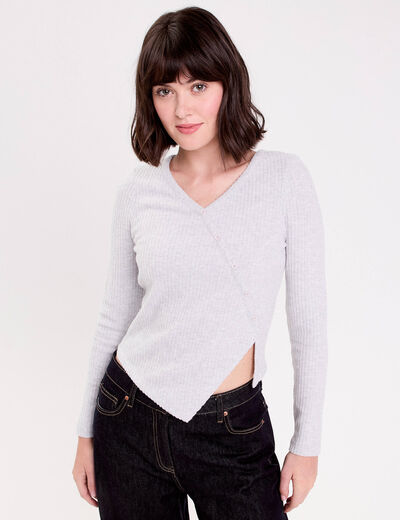 Pull duveteux col rond manches longues gris clair femme