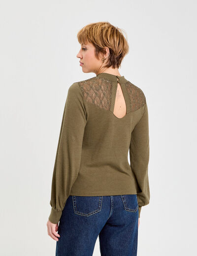 T-shirt manches longues d&eacute;tails ajour&eacute;s vert kaki femme