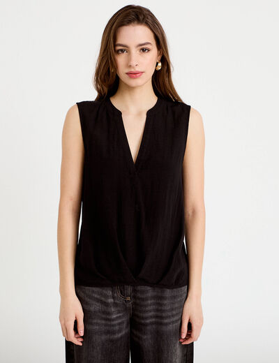 Blouse sans manches col tunisien pliss&eacute; noir femme