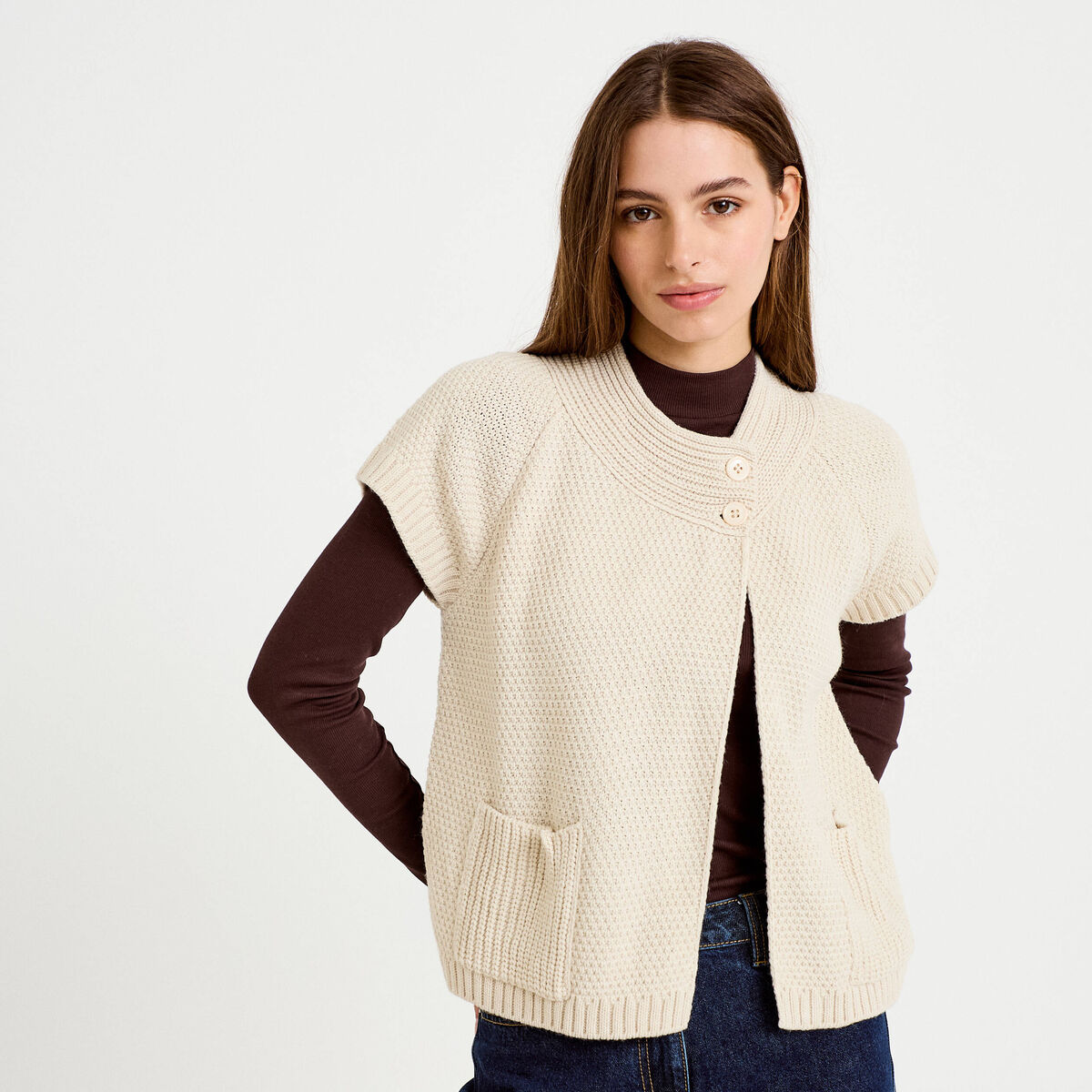 Gilet sans manches col montant beige femme
